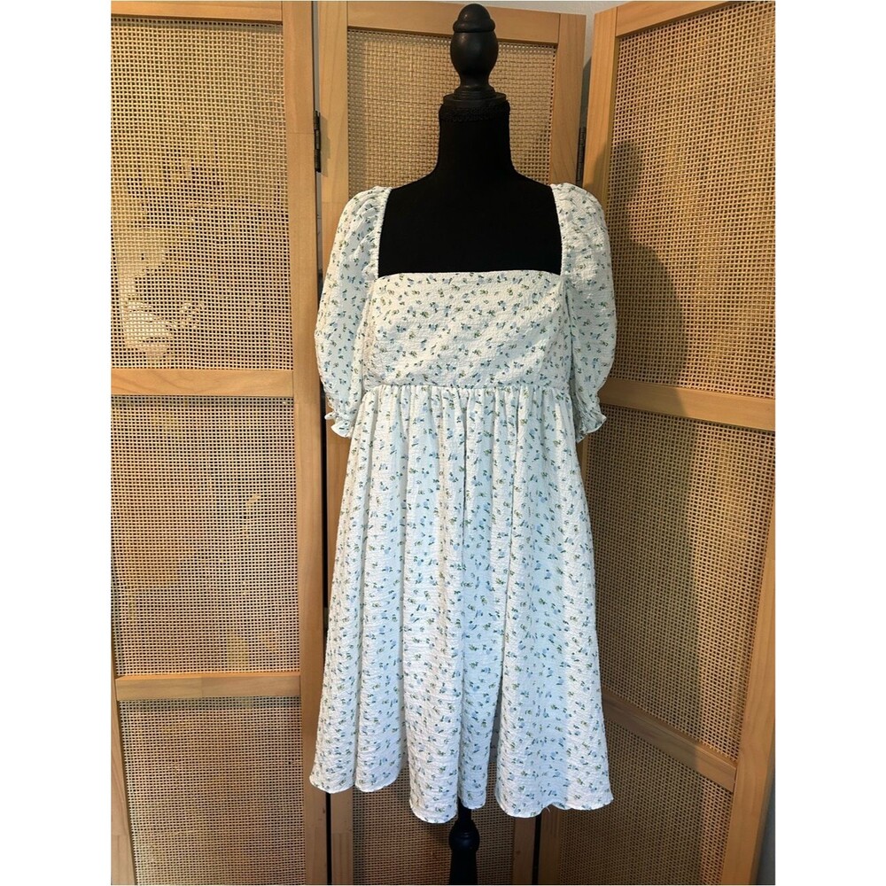 Storia White Blue Ditsy Floral Puff Sleeve Babydoll Mini Dress L